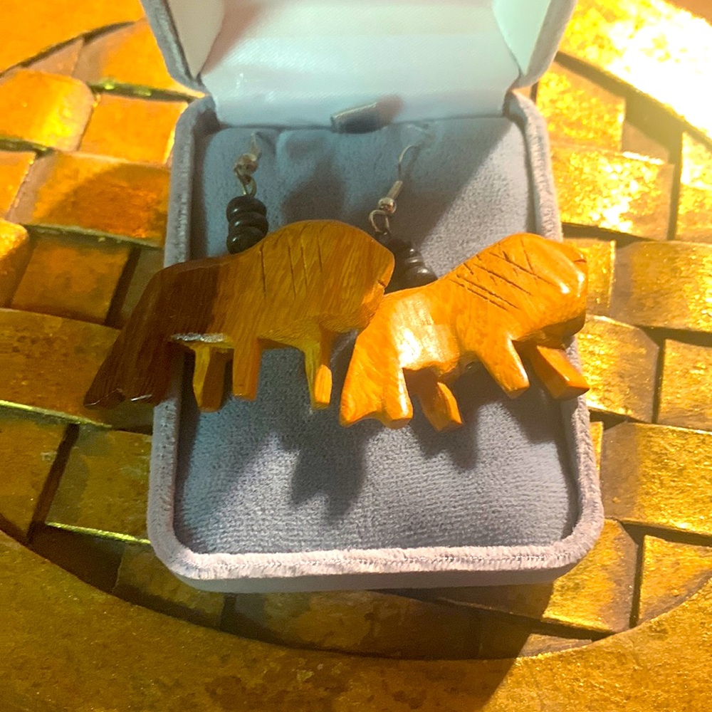Handcrafted Lion wood earrings dangle